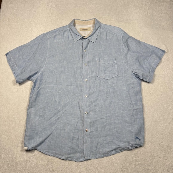 Tommy Bahama Shirt Mens XL Light Blue 100% Linen Short Sleeve Button Up Marlin - Picture 1 of 9